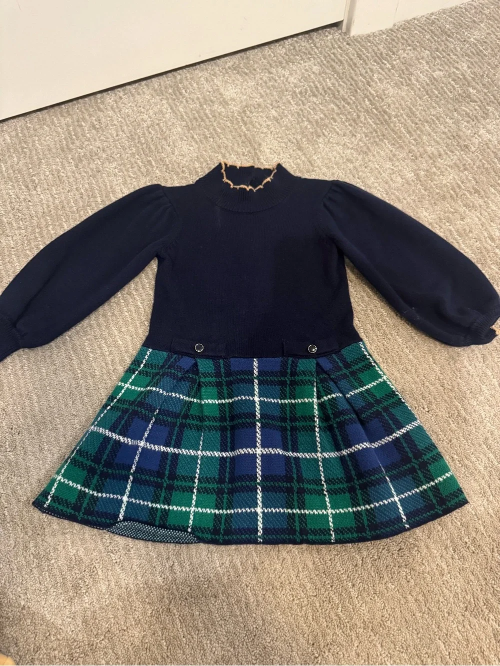 Janie and Jack Navy Knit Top with Green & Blue Plaid Skirt